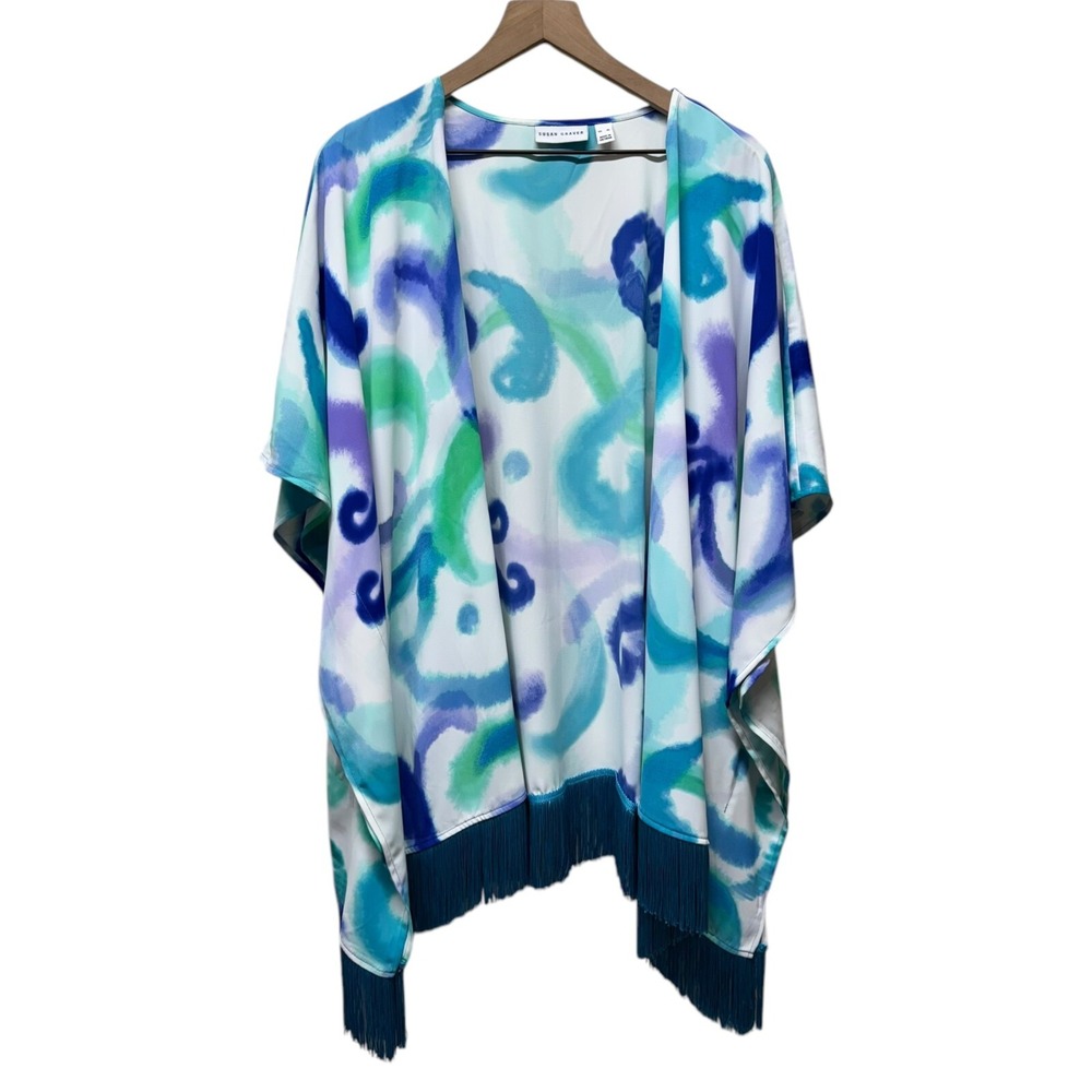 Susan Graver Womens XL Kimono 3/4 Sleeve Open Front Boho Artsy Fringe Colorful